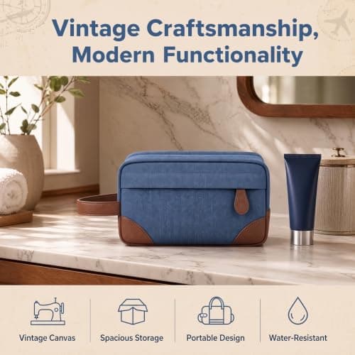 Vintage Canvas Toiletry Bag for Men, Water-Resistant Travel Wash Bag with Multiple Compartments, Portable Shaving Dopp Kit and Makeup Organizer for Holiday Essentials, Blue — view 2