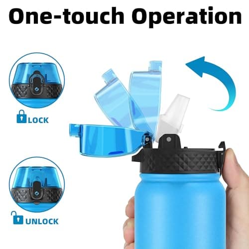 OLDLEY Stainless Steel Water Bottle with Straw 1L Vaccum Insulated Large Drink Flask Metal Water Bottles 1 Litre Leakproof Keep Drinks Hot Cold for Sports Gym Camping Adult Women Men(Sky Blue, 1 Lid) — view 3