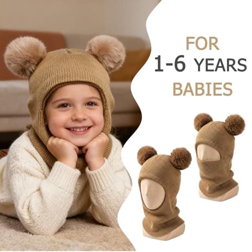 GYIOFAI 2 Pieces Kids Winter Warm Hat Scarf Baby Earflap Beanies Hood Pom Pom Toddler Hat Windproof Balaclava Kids 1-6 Years Outdoor Activities Snow Cap (Khaki and Black) — view 4