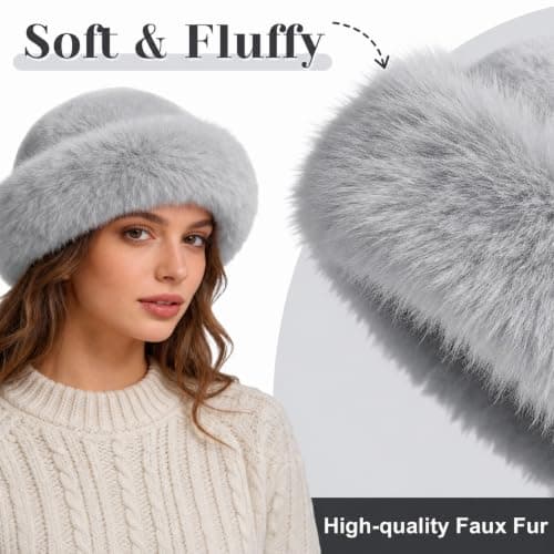 Faux Fur Bucket Hat for Women, Russian Style Winter Fluffy Fuzzy Ladies Hats Travel Hiking Work Home, Chapeau Fourrure Femme Winter Fashion Gift (Grey) — view 3