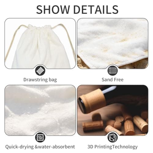 FHECVBN 2 in 1 Packable Towel Bag,Soft Absorbent Pool Towels Backpack Quick Dry Lightweight Beach Towels Wine Bottle Corks Grapes Drawstring Bag for Travel Camping Sports Picnic — view 4