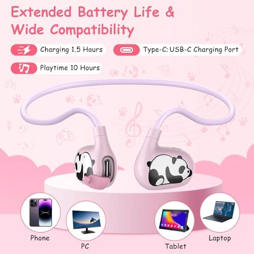 iDIGMALL Cute Panda Kids Headphones, Open Ear Earbuds for Kids, Pink — view 6