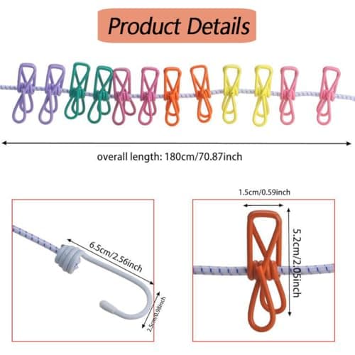 FiTspi Travel Washing Line, Portable Camping Washing Line with 12 Colorful Pegs, Elastic Retractable Clothesline for Indoor Laundry Drying Clothesline,Outdoor Camping Accessories — view 3