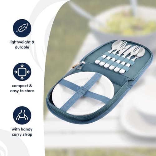 Blue Pool Camping Cutlery Set for 2, Picnic Set 12 Piece Lightweight Compact Case with Carry Handle, Includes 2 x Plates, 4 x Tumblers, 2 x Cutlery — view 2