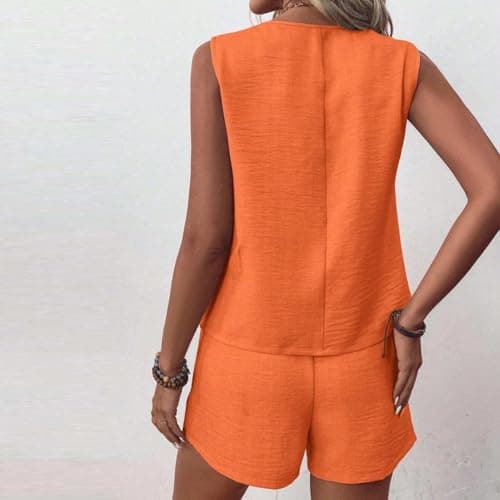 NSICBMNO Orange Lounge Sets For Women Shorts Co Ord Sets Summer 2 Piece Outfits Sleeveless Waistcoat V Neck Vest Tops Wide Leg Shorts Casual Tracksuits Travel Airport Outfits For Office Work Beach — view 6