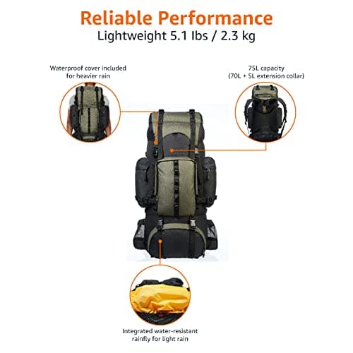 Amazon Basics Internal Frame Waterproof Hiking Backpack Rucksack with Rainfly, 75 L, Green — view 3