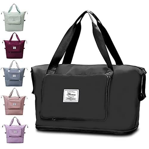Large Capacity Folding Travel Bag, Travel Lightweight Waterproof Carry on Luggage Bags with Fixed Strap, Dry and Wet Separation Foldable Travel Duffel Bag for Weekender Overnight Sports Gym (Black)