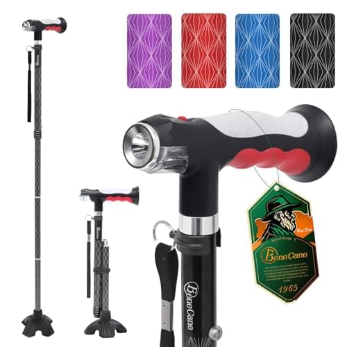 BeneCane Walking Cane for Women Folding Cane for Men with Two Led Lights Quad Cane with Stable Base Lightweight and Adjustable Walking Stick (Black)