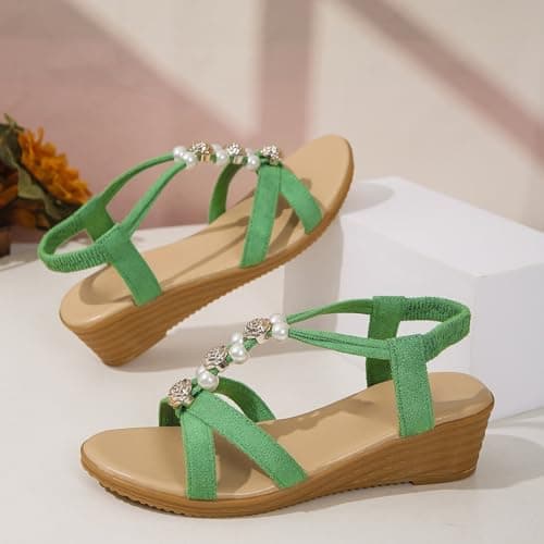DFSDJEUW bunion sandals for women uk Womens Sandals Wide Fit Comfortable Slip on Wedge Shoes Casual Open Toe Orthopedic Slide Light Summer Cushion Plantar Fasciitis wide fit flip flops womens Green 5 — view 5