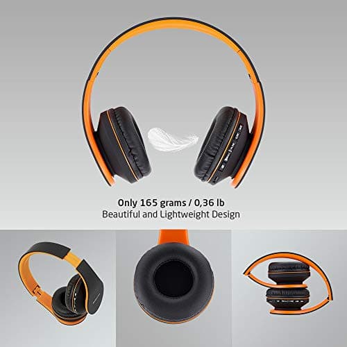 PowerLocus Wireless Bluetooth Over-Ear Stereo Foldable Headphones, Wired Headsets Noise Cancelling with Built-in Microphone for iPhone, Samsung, LG, iPad (Orange) — view 2