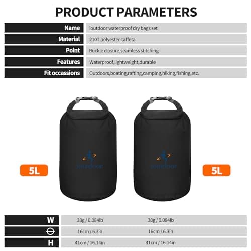 ioutdoor Dry Bag Set,2L/5L/10L/20L Waterproof Dry Sacks (Black 5L+5L) — view 2