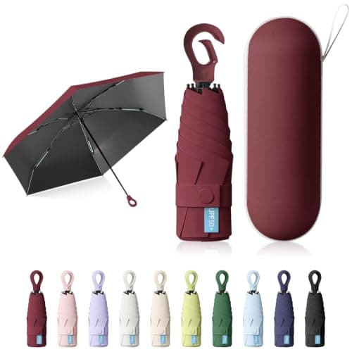 Sykerout 6 Ribs Mini Travel Umbrella, Compact Pocket Size With Storage Box，Wine red