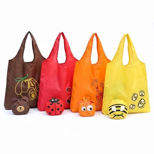 LUVDECO 4 Pack Foldable Reusable Shopping Bags with Cute Fruit & Animal Patterns, Large Waterproof Tote that Folds into Pouch for Grocery, Beach, Travel (Animal)