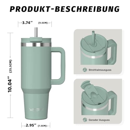 WATERSY 40oz Travel Mug Coffee Cup with 2 Straws, Tumbler Lid and Handle, Stainless Steel Double Wall Vacuum Insulated Coffee Water Bottle Thermal for Cold Hot Coffee 1182ml Green — view 3