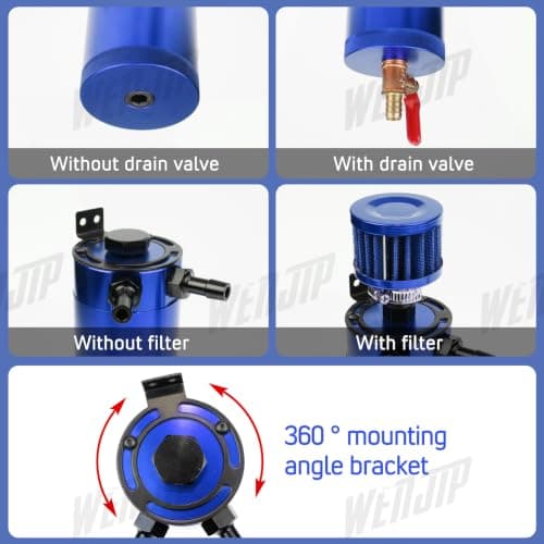 WENJTP Oil Catch Can Kit with 4 Adapters + Breather Filter Drain Valve Plug 2 Ports (1 oulet + 1 inlet) 150ml Universal Aluminum Baffled Oil Reservoir Tank Oil Separator (Blue) — view 6