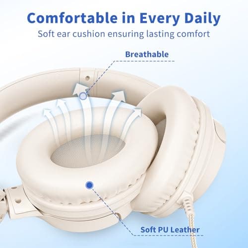 Wired Headphones with Microphone, 3.5mm Corded Headphones for School, Beige — view 6