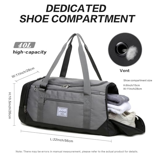 Laripwit Travel Duffle Bag for Men 40L Medium Gym Duffel Backpack with Shoe Compartment & Wet Pocket Sports Holdalls Women Weekend Overnight Bag for Traveling Camping, Grey — view 5