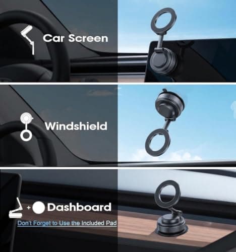 STRONG MAGNETIC Car Phone Holder | POWERFUL NANO Vacuum Suction on Windshield | For iPhone, Samsung, Pixel, Universal ROTATABLE 720° STICKS on Windscreen with Dashboard plate, 3 MAGNET RINGS, PORTABLE — view 3