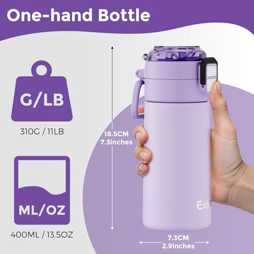 Exllena Small Insulated Water Bottle 400ml with Pop-Open Soft Straw & Spout 2-in-1 Lid, Kids Insulated Water Bottle Leak Proof for Cold&Hot Drinks, BPA-Free, Ideal for School, Handbag, Sport(Lavender) — view 5