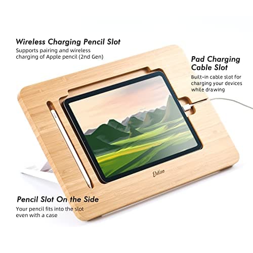 ELETIUO Upgraded Bamboo Wooden Drawing Ipad Holder with Pencil&Charger Cable Slot, Multi-Angle Adjustable Tablet Desktop,Foldable Portable Stand,Compatible with 12.9 inch ipad pro 3rd/4th/ 5th Gen — view 6