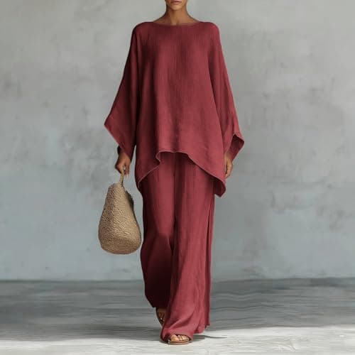 Lounge Wear Set Women Casual Linen Tracksuits 2 Piece Outfits Loose Summer Co Ord Set Ladies Long Sleeve Tunic Tops Pullover Elastic Waist Wide Leg Trousers Holiday Beach Travel Wedding Party Uk S-2XL — view 4