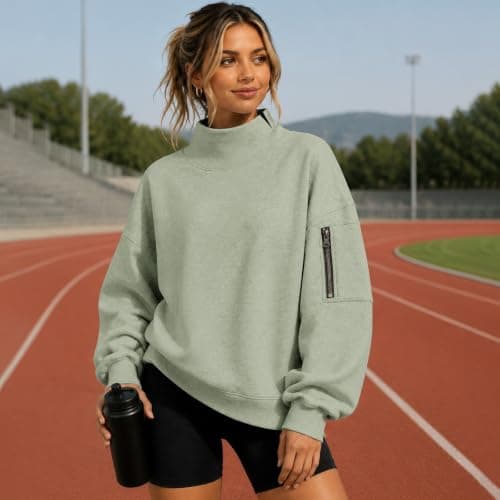 Womens Oversized Sweatshirts Mock Neck Pullover Long Sleeve Fleece Tops | Fall Fashion Outfits 2026 Clothes Comfort Soft Travel Casual Work Lounge Daily Outfit Light Green — view 3