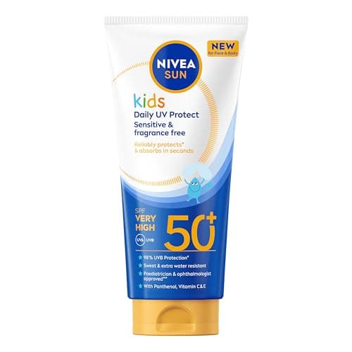 NIVEA SUN Kids Daily UV Protect Sensitive SPF 50+ Sun Cream (100ml), Kids Sunscreen For Face and Body, Sweat and Water-Resistant, Gentle Fragrance-Free Formula