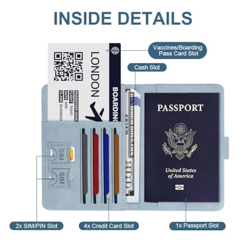 OFFCUP Passport Holder Cover, PU Leather Passport Cover and Luggage Tag Set with RFID Blocking Travel Wallet, Universal Travel Wallet Case Organiser for Money, Boarding Passes, Credit Cards Sky Blue — view 4