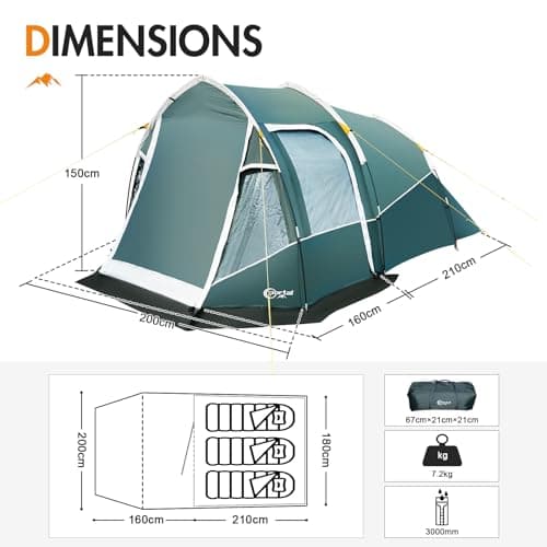 Portal 2-3 Man Tent Luxury 3000mm Waterproof with Porch Awning 3 Person Camping Tent with Sewn-in Groundsheet 2 Man with Bedroom Lightweight Tunnel for Festival Outdoor Hiking — view 5