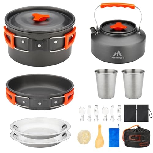 THTYBROS 17-Piece Camping Cookware Set, Hard Anodised Aluminium Pot Pan Kettle with 2 Stainless Steel Cups Plates Cutlery for Outdoor Hiking Backpacking Picnic