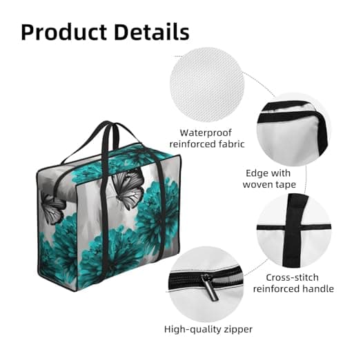 Heavy Duty Storage Tote With Zippers, Waterproof Large Moving Bags For Space Saving Gray Teal Flower Butterfly Storage Bags For Clothes, Bedding, Laundry & Home Organization — view 4