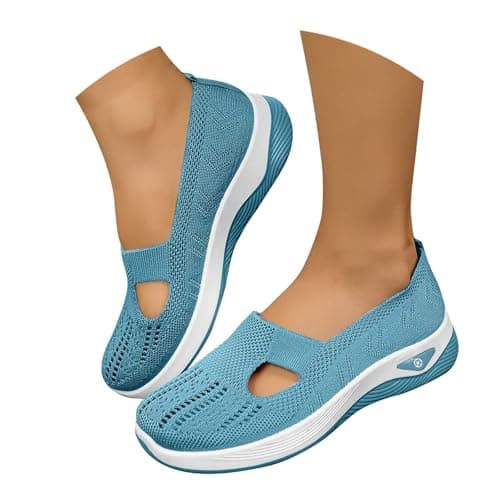 Women’s Classic Loafer Flat Breathable Non-Slip Lightweight Anti-Slip Sneakers Athletic Outdoor Sport Round Toe Knit Mary Jane Shoes Arch Support Stretch Ladies Wide Fitting Flat Trainers Sky Blue — view 3