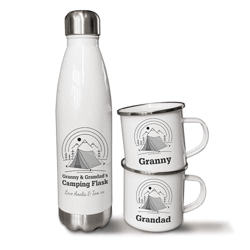 Personalised 500ml Thermal Flask and Enamel Mugs. Camping Tent Mug and Flask Set. Outdoor Adventure Gifts