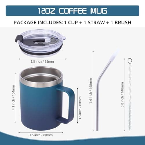 Volhoply 12oz Insulated Leakproof Coffee Mug with Sliding & Straw Lid,Double Wall Vacuum Stainless Steel Travel Tumbler Cup with Handle,Reusable Camping Mugs Keep Cold/Hot(Dark Night,1 Set) — view 2
