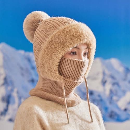 Winter Warm Knitted Cap Neck Warmer Sets Women Knit Balaclava Windproof Skimask Flexible Beanie Hat with Hairball Soft Thick Fleece Lined,Adjustable Face Mask for Outdoor SportsWinter Gift Rose Gold — view 4