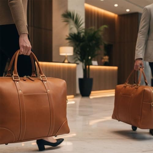 Genuine Leather Wheeled Travel Bag Large Rolling Duffle Weekender Business Carry On Suitcase - Tan 50 x 32 x 27 cm — view 2