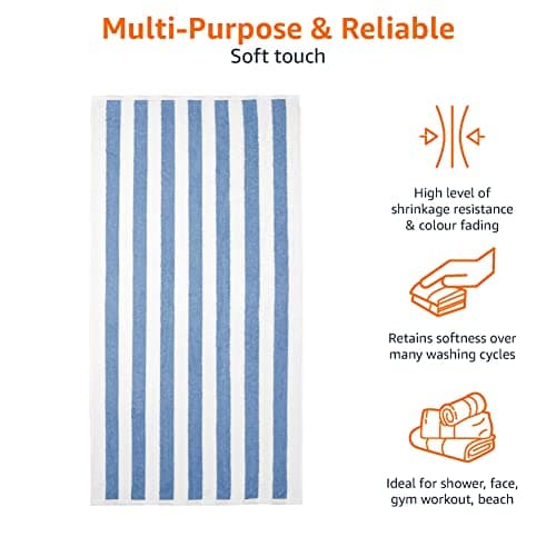 Amazon Basics Striped Beach Towels, Soft & Absorbent Pool Towel, 100% Ring-Spun Cotton, Machine Washable, Quick Dry, OEKO-TEX Certified, Large 30" x 60", Sky Blue Cabana Stripe, 2-Pack — view 4