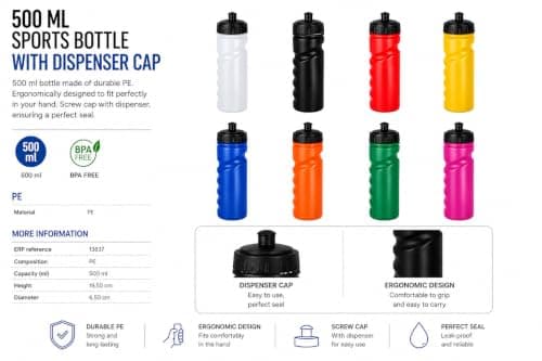 Personalised 500ml PE Sports Water Bottle with Dispenser Cap - Custom Printed Ergonomic Reusable Gym Bottle for Fitness, Travel & Outdoor Activities — view 2