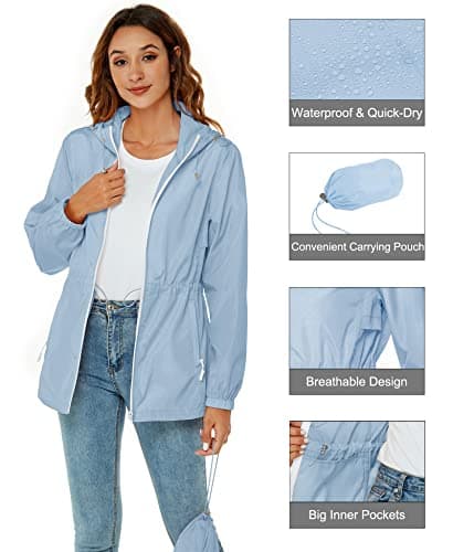 Rapbin Rain Coats for Women Waterproof Jackets Lightweight Quick Dry Packable Hood Raincoat Windbreaker with Zipper Pockets Sky Blue XXL — view 3