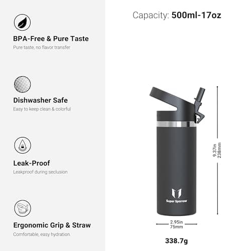 Super Sparrow Water Bottle Insulated - 500ml - Wide Mouth Metal Bottle - Wide Mouth SwivelSip Flask - BPA Free, Leak Proof - Ergonomic Straw Water Bottles for Work, Gym, Travel, Sports — view 3