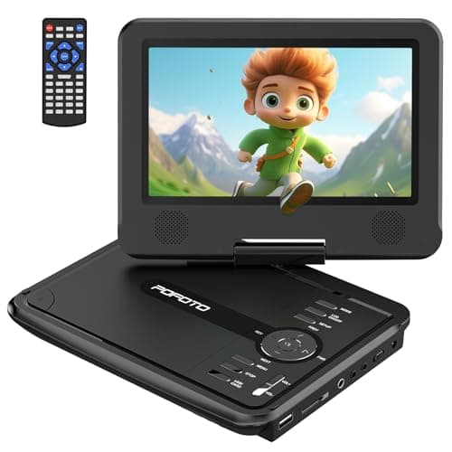 POFOTO 9.5" Portable DVD Player for Kids and Car Travel with 7.5" Rotatable HD Screen, 4-6 Hours Rechargeable Battery, Region Free, Support Multi-Format/USB/SD, Sync TV/Projector, Dual Speakers, Black