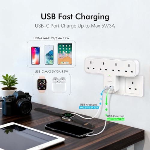 CRaghue Multi Plug Adapter, 8 in 1 Plug Extension Socket 4 Way with 4 USB, Plug Adapter UK, Wall Socket Plug Extender for School Home, Kitchen, Office, White — view 2