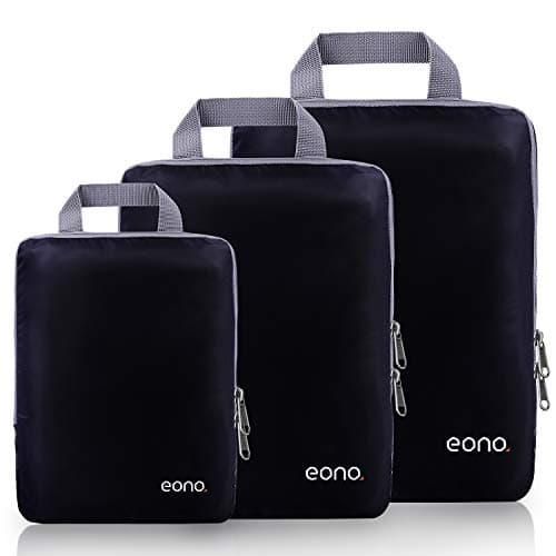 Eono Compression Packing Cubes, Luggage Organiser Set, Extensible Suitcase Organiser, Packing Organisers for Suitcases, Packing Cubes for Travel or Home Storage - Black, 3 Set