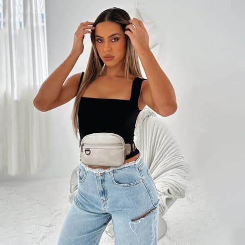 Leresas 2L Bumbag Fanny Packs for Women Men Cross Body Belt Bag Vegan Leather Fashion Waist Pack Waist Bag Travel Hiking Running, Light Grey, 8 inches x 2.75 inches x 5 inches, Trendy Fanny Pack — view 2