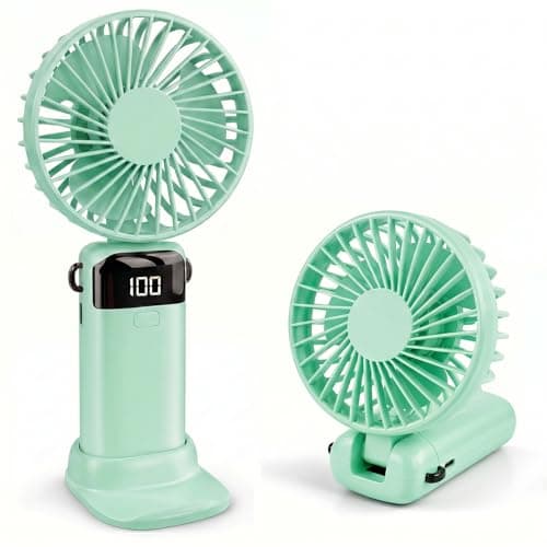 CNMTCCO Handheld Fan, Rechargeable Portable Fan with LED Display, 5 Speeds Mini Fan 90-Degree Foldable Hand Fan, USB Desk Fan for Home Office Bedroom Outdoor Travel (Green)