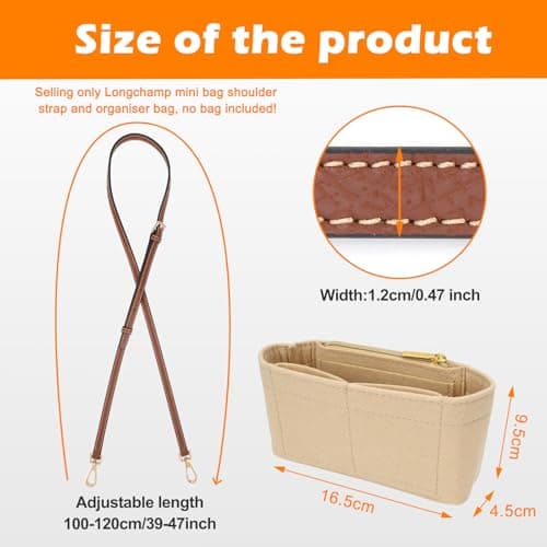 Strap and Organiser for Longchamp Mini Bag, Leather Brown Bag Straps For Crossbody Handbags and Felt Mini Bag Organizer Insert for Long Champ Mini — view 5