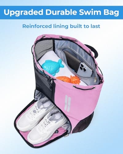 GreenTaya Swim Bag Mesh Drawstring Backpack with Shoe Compartment & Wet Pocket Waterproof Beach Backpack Pool Bag for Swimming, Gym, Travel and Workout Gear (Pink) — view 4