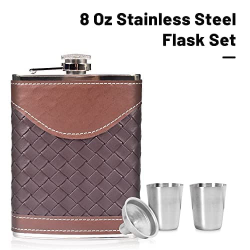 LHD HOME Hip Flasks for Men 8oz Leather Flask Gift Set,304 Stainless Steel Flask Set w/Funnel Shot Glasses Lovely Gift for Whiskey Rum Groomsman Best Man Usher Wedding Camping-Leather Stripe Black8oz — view 4