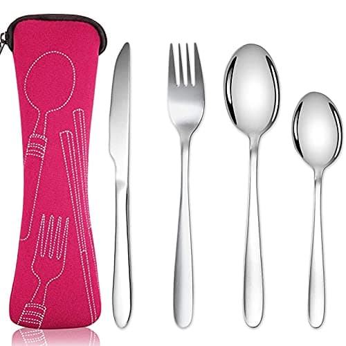 Acehome Cutlery Set with Portable Pouch Case, Stainless Steel Flatware Camping Utensil Set with Neoprene Bag for Outdoor Travel Picnic Office School Lunch Box (4 Pcs Rose Red)