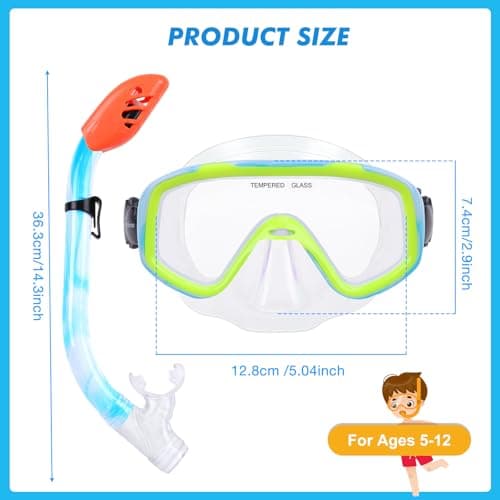 KUYOU Kids Snorkel Set Dry Top Snorkeling Gear,180°Panoramic Wide View Swimming Diving Mask for Kids Youth Boys Girls Junior Age 5-12 (Blue+Yellow) — view 3